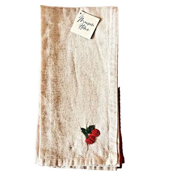 NEW Set 2 Kitchen Towels BEADED CHERRIES & Solid Red MAISON HOME 100% Cotton - Picture 3 of 5